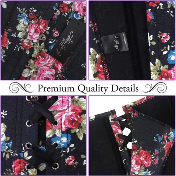 Black Floral Print Denim Corset Bustier Top Sweetheart‎ Strapless Waist Trainer - Picture 5 of 6